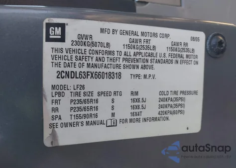 2006 Chevrolet Equinox Lt из США, поврежденный, VIN 2CNDL63FX66018318